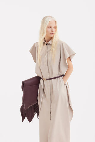 Draped Sleeve Faux Leather Midi Dress – Beige