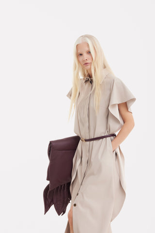 Draped Sleeve Faux Leather Midi Dress – Beige