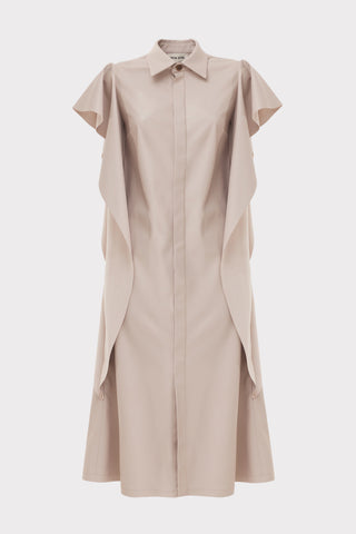 Draped Sleeve Faux Leather Midi Dress – Beige