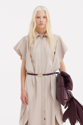 Draped Sleeve Faux Leather Midi Dress – Beige