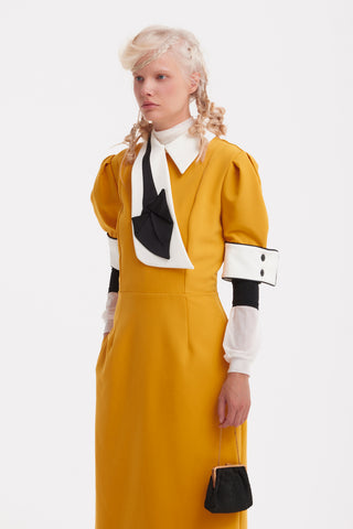 Formal Fitted Dress With White Collar - Office To Evening Style Mustard Yellow