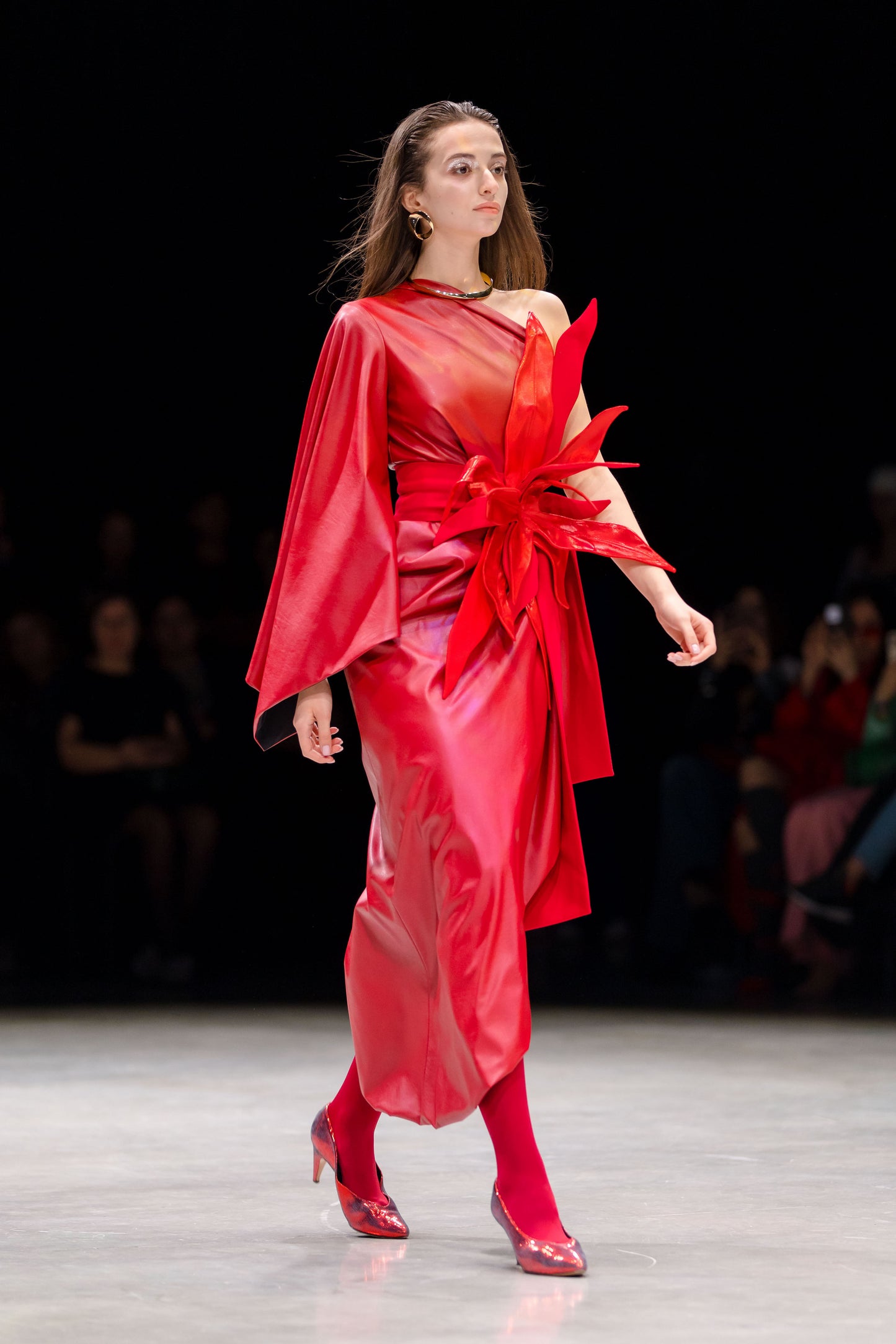 Designer Soft Faux Leather Midi Dress Red