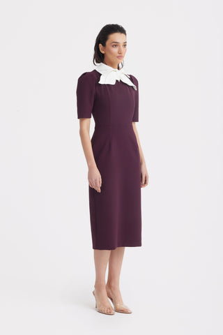 Elegant Midi Dress With Contrast Bow Collar – Burgundy