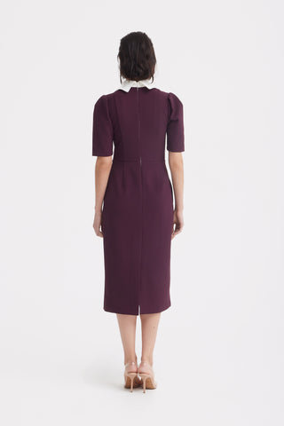 Elegant Midi Dress With Contrast Bow Collar – Burgundy