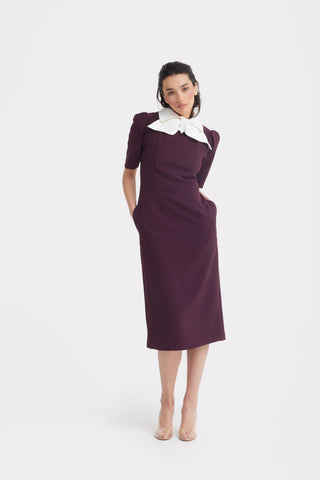 Elegant Midi Dress With Contrast Bow Collar – Burgundy