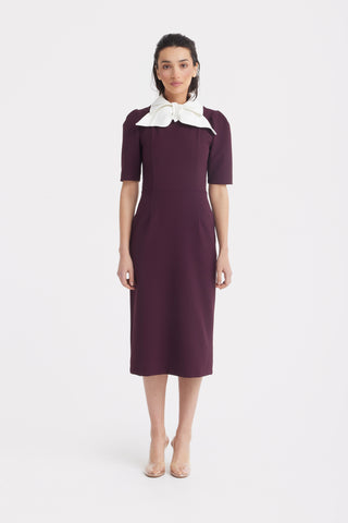 Elegant Midi Dress With Contrast Bow Collar – Burgundy