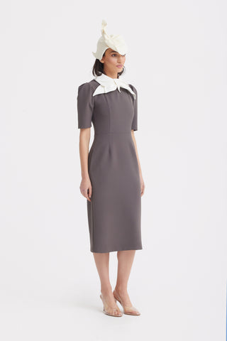 Elegant Midi Dress With Contrast Bow Collar – Taupe