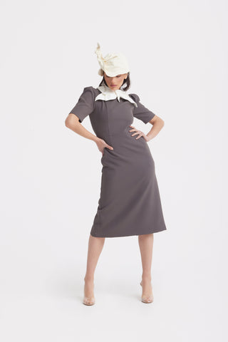Elegant Midi Dress With Contrast Bow Collar – Taupe
