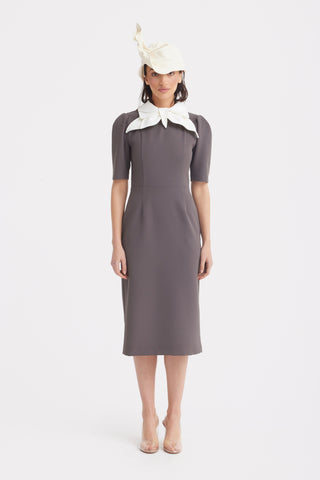 Elegant Midi Dress With Contrast Bow Collar – Taupe
