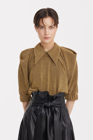 Evening Metallic Knit Puff Sleeve Blouse - Gold