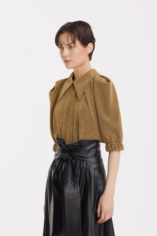 Evening Metallic Knit Puff Sleeve Blouse - Gold