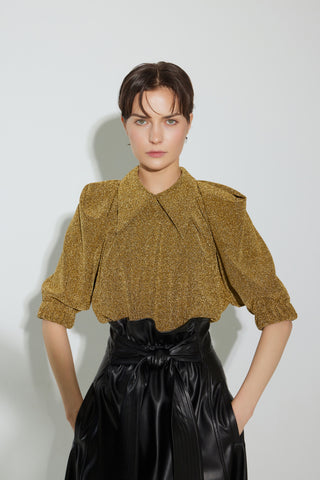 Evening Metallic Knit Puff Sleeve Blouse - Gold