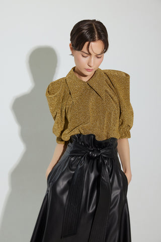 Evening Metallic Knit Puff Sleeve Blouse - Gold
