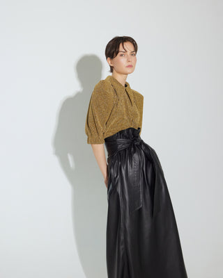 Evening Metallic Knit Puff Sleeve Blouse - Gold