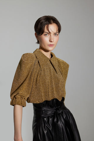 Evening Metallic Knit Puff Sleeve Blouse - Gold