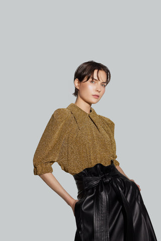Evening Metallic Knit Puff Sleeve Blouse - Gold