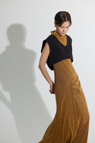 Evening Metallic Knit Sleeveless Long Dress - Bronze