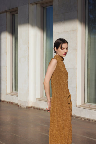 Evening Metallic Knit Sleeveless Long Dress - Bronze