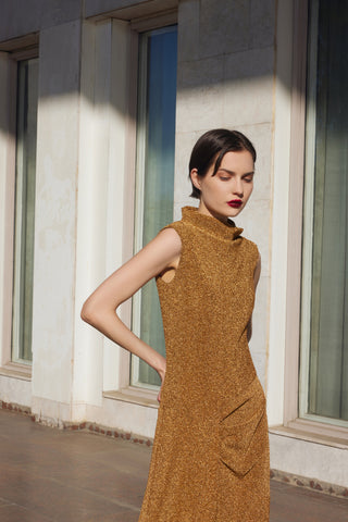 Evening Metallic Knit Sleeveless Long Dress - Bronze