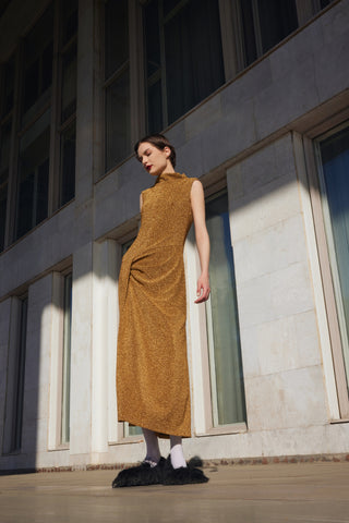 Evening Metallic Knit Sleeveless Long Dress - Bronze