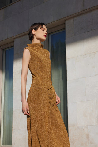 Evening Metallic Knit Sleeveless Long Dress - Bronze