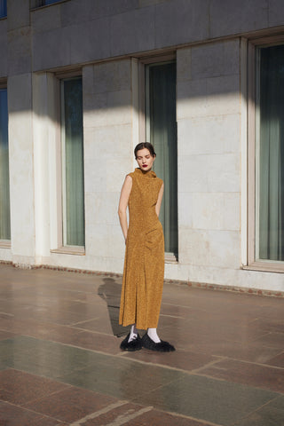 Evening Metallic Knit Sleeveless Long Dress - Bronze