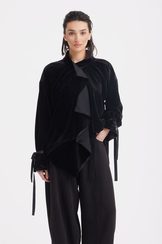 Evening Velvet Wrap Jacket With Silk Lining - Black