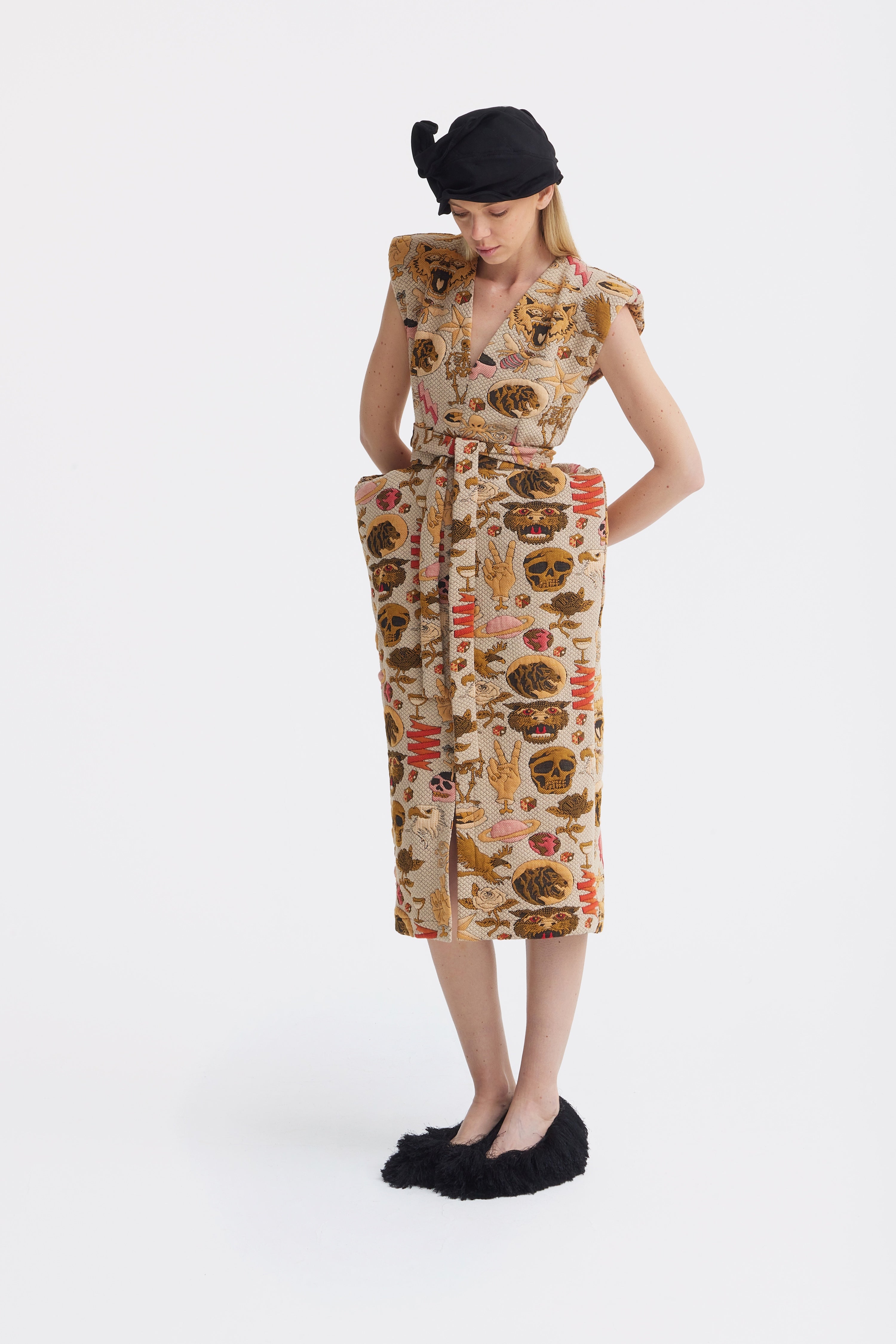 midi jacquard dress Fashion Midi Dress With Belt And Bold Shoulders Jacquard S