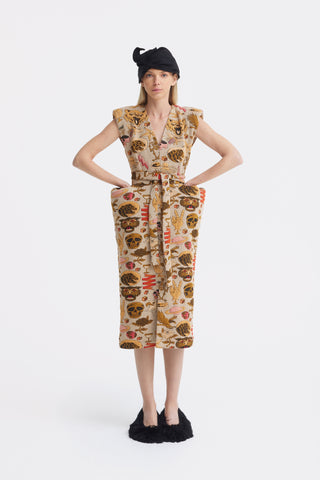 Fashion Midi Dress With Belt And Bold Shoulders Jacquard