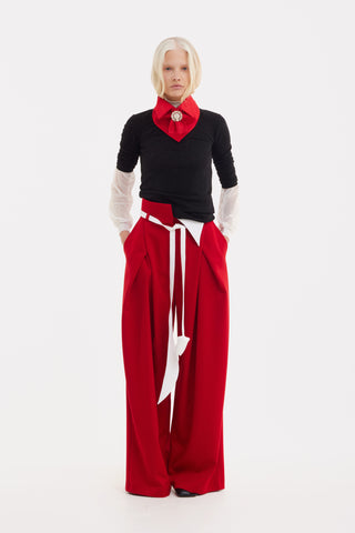 Fashion Forward Wide-Leg Pants & Contrast Belt - Red
