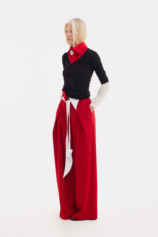 Fashion Forward Wide-Leg Pants & Contrast Belt - Red