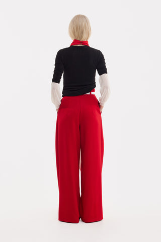 Fashion Forward Wide-Leg Pants & Contrast Belt - Red