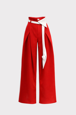 Fashion Forward Wide-Leg Pants & Contrast Belt - Red