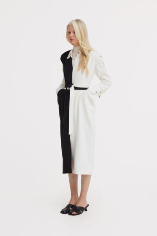 Fashion Midi Dress With Belt And Bold Shoulders – Black & Ivory