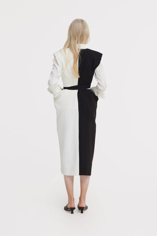 Fashion Midi Dress With Belt And Bold Shoulders – Black & Ivory
