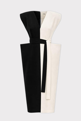 Fashion Midi Dress With Belt And Bold Shoulders – Black & Ivory