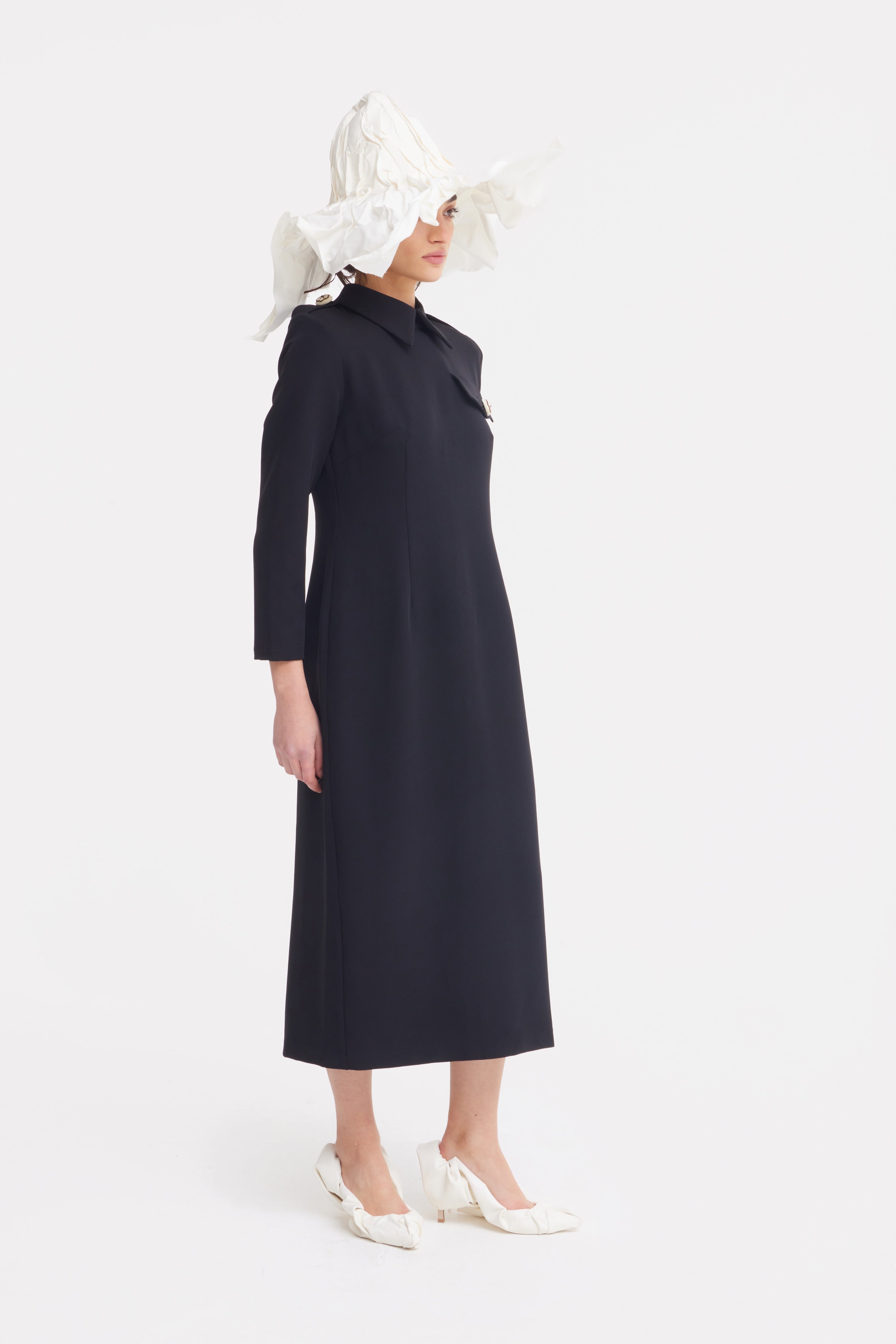 Fitted Long Sleeve Dress With Stand-Up Collar Black S Fitted Long Sleeve Dress With Stand-Up Collar Black S