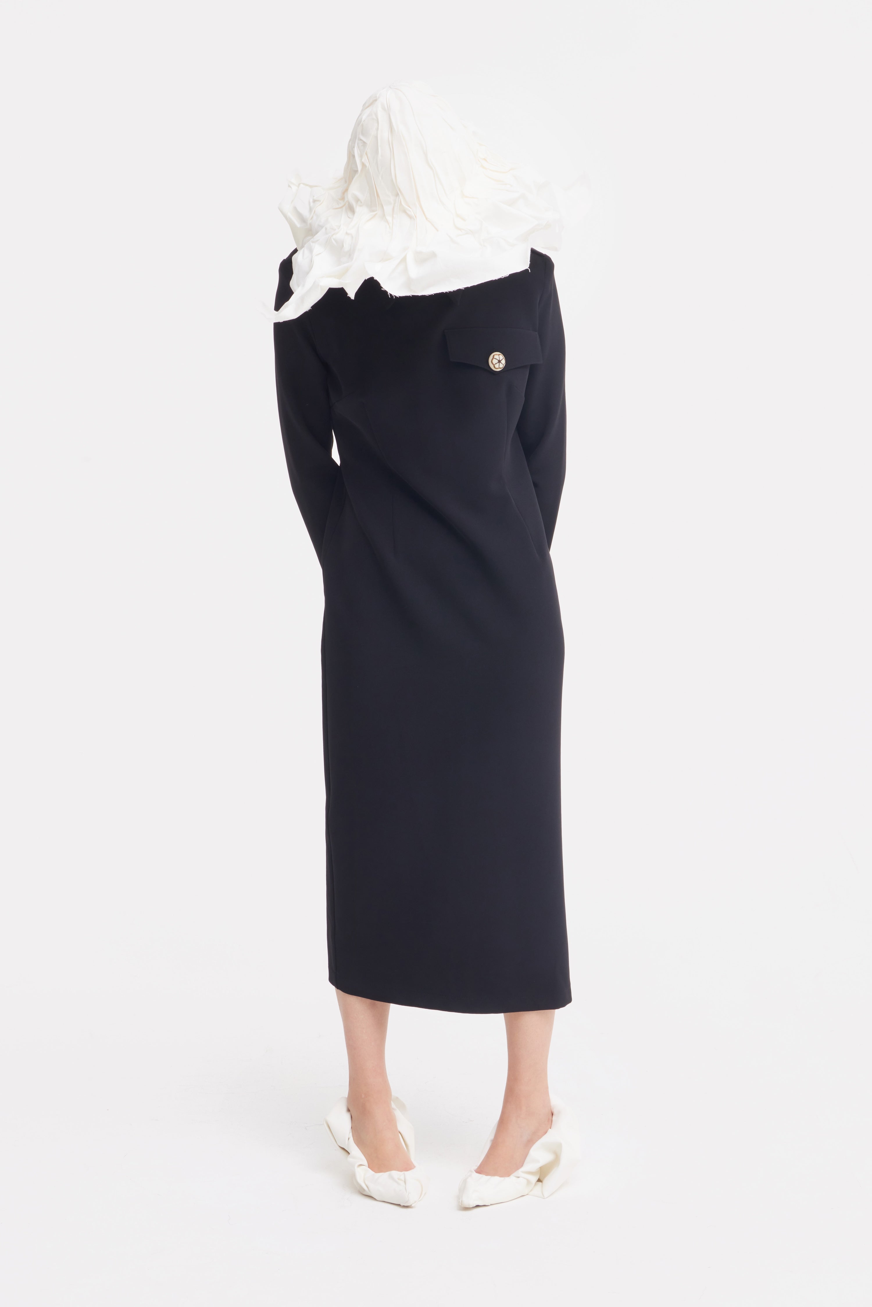 Fitted Long Sleeve Dress With Stand-Up Collar Black S Fitted Long Sleeve Dress With Stand-Up Collar Black S