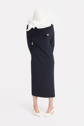 Fitted Long Sleeve Dress With Stand-Up Collar Black