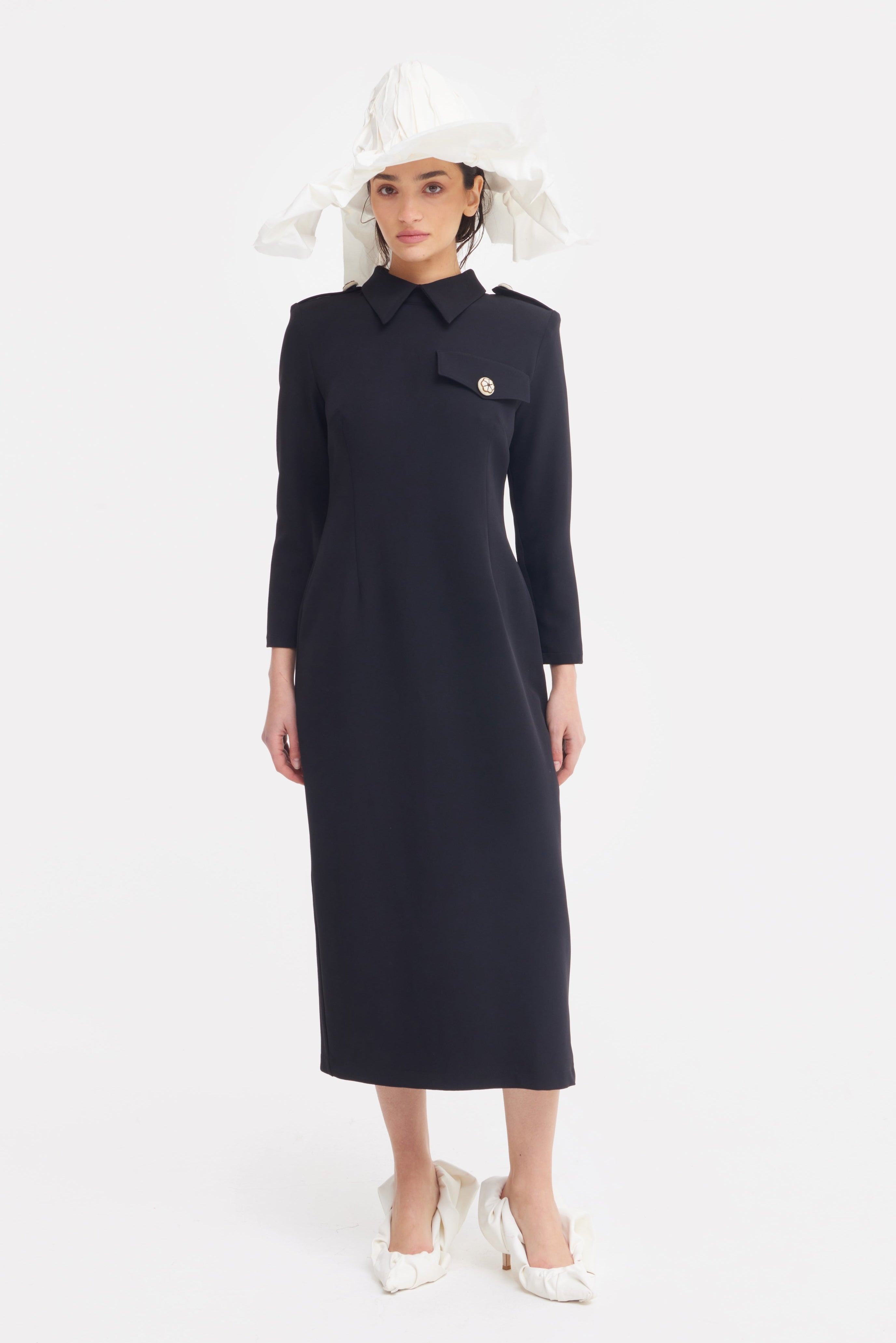 Fitted Long Sleeve Dress With Stand-Up Collar Black S Fitted Long Sleeve Dress With Stand-Up Collar Black S