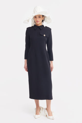 Fitted Long Sleeve Dress With Stand-Up Collar Black