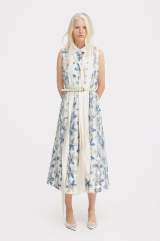 Floral Embroidered Collar Maxi Dress - Ivory & Blue
