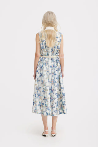 Floral Embroidered Collar Maxi Dress - Ivory & Blue