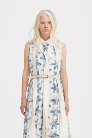 Floral Embroidered Collar Maxi Dress - Ivory & Blue