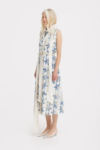 Floral Embroidered Collar Maxi Dress - Ivory & Blue