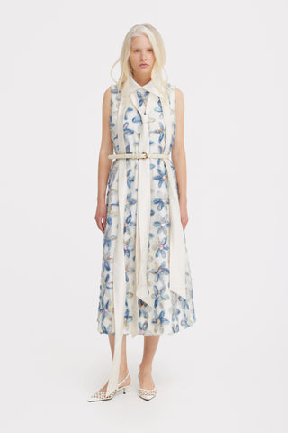 Floral Embroidered Collar Maxi Dress - Ivory & Blue