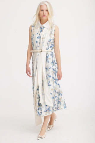 Floral Embroidered Collar Maxi Dress - Ivory & Blue