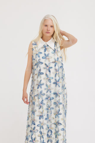 Floral Embroidered Collar Maxi Dress - Ivory & Blue