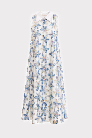 Floral Embroidered Collar Maxi Dress - Ivory & Blue