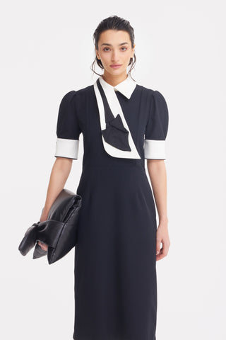 Formal Fitted Dress With White Collar - Office To Evening Style Black